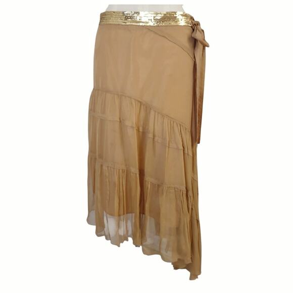 Gold Silk Asymmetrical Skirt Sequins Bow Tie WD•NY Size 8 Layered Flowy Indie - Picture 1 of 12